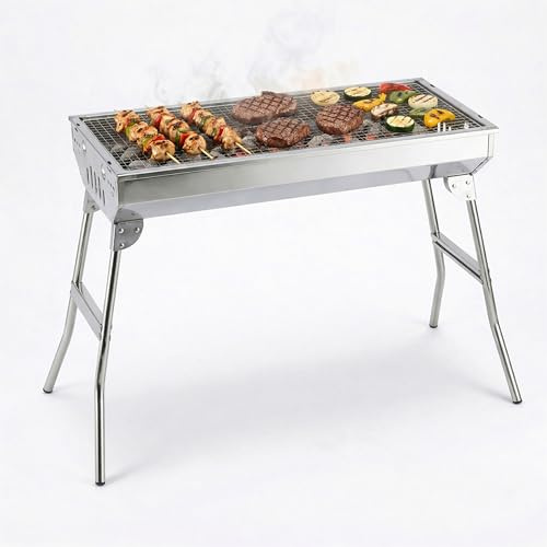 FINE GARDEN Stainless Steel Portable Charcoal BBQ Grill with Stand, Large Folding Barbecue Grill For Skewers, Burgers & Steaks, Heavy Duty Steel BBQ For Camping, Picnic, Backyard (33x70x73 cm)