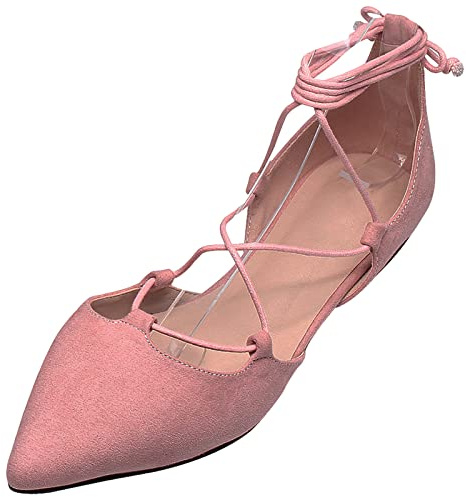 Jamron Women Soft Faux Suede Flat Pointed Toe Pumps Fancy Cross Lace Up Ballerinas Shoes Pink SN02323 UK6
