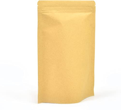 Evergreen Goods 100 Sacchetti Carta Kraft Richiudibili per Alimenti (130 x 210 x 60 mm) | Buste Stand-Up Doypack Foderate in Lamina con Chiusura Zip e Strappo | per Caffè, Tè, Snack, Spezie