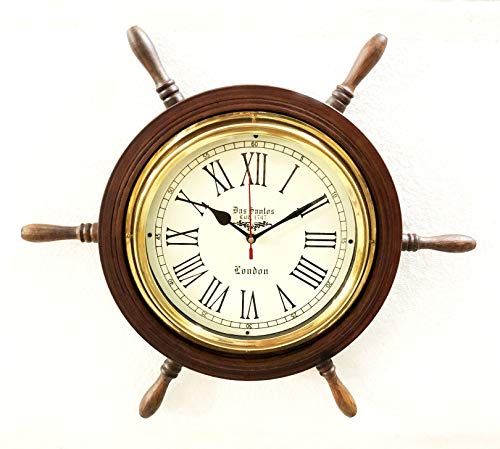 Antique Marine 18 Wooden Ship Wheel Brass Clock Nautical Wall Clock Home Decorative