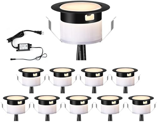 FVTLED LED Deck Lighting Kit, 10pcs Φ1.77 Low Voltage Waterproof Recessed In-ground Lighting for Garden Yard Soffit Patio Stair Decor Lights, Warm White, Black