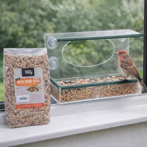 Garden Mile Window Bird Feeder With 1 kg Bag of Bird Food - Clear Hanging Perspex Window Feeder - Wildlife Feeding Station for Wild Birds Outdoor Garden and Patio - Glass Mounted Birds Station