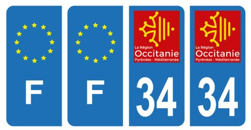 HADEXIA Nummernschild-Aufkleber, französisches Departement 34, Hérault, Region Okzitanien & F, Frankreich, Europa, 4 Stück
