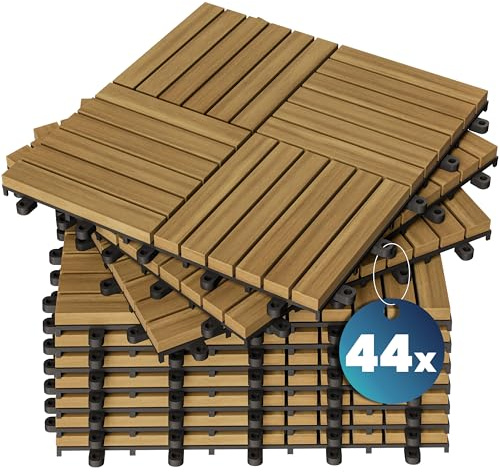 CASARIA® 44x Dalles bois clipsables 30x30cm bois d'acacia certifié FSC® dalle bois terrasse extérieur antidérapant sol balcon jardin caillebotis résistant UV intempéries mosaïque Quattro