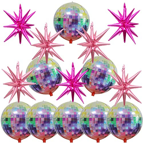 15 globos de bola de discoteca rosa, enormes globos de papel de aluminio de estrella de explosión rosa para cumpleaños, suministros de decoración de fiesta de discoteca temática de los años 70, 80, 90