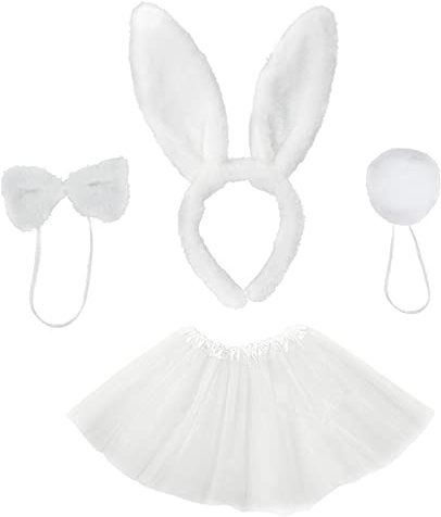 VIKSAUN 4 Piezas Disfraz de Conejo de Pascua para niña Vestido Tutú con Orejas de Conejo y Cuello de Lazo Accesorios Cosplay de Fiesta de Pascua para Niños Cosplay Traje de Conejo Accesorio (Blanco)