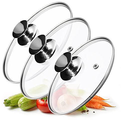 KADAX Juego de tapas universales de cristal con asa, tapas resistentes al calor, juego de tapas de sartenes en diferentes tamaños, tapa de cristal para olla, sartén (20 + 24 + 28 cm, mango plateado)