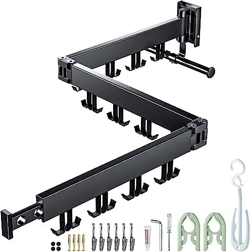 Wall Mounted Clothes Drying Rack, Space Saving,Triple Foldable, Retractable Clothes Airer with Extension Pole, Aluminium Clothes Dryer Rack with 24 Hooks, For Balcony, Laundry(Black-Double Hook)