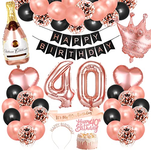 Bluelves 40. Geburtstag Dekorationen Mädchen, Rosegold Schwarz Deko zum 40 Geburtstag, 40 er geburtstag Happy Birthday Banner Girlande Konfetti luftballon,Geburtstagsdeko für mädchen