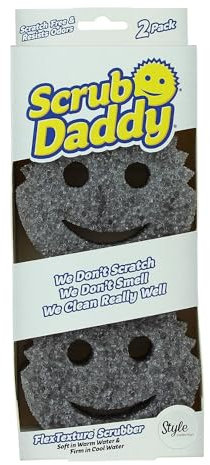 Scrub Daddy Style Dish Sponge Twin Pack, Smiley Face Sponges for Cleaning & Washing Up - Multipack Kitchen Non Scratch Scourers with FlexTexture Firm & Soft Scrubbing, Dishwashing Scrubber - Grey
