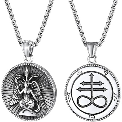 OIDEA Collana Acciaio Uomo Capra Satana: Ciondolo Cerchio Argento Lucifero Testa di Pecora Satanica Baphomet Gotico Croce Vitan sul Retro Regalo Battesimo Halloween
