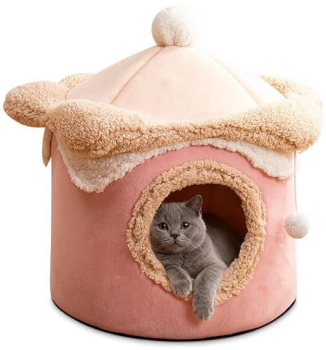 ALLSOPETS Katzenhöhle Indoor, Warmes Iglu Haustierhaus mit Abnehmbarem Kissen, Gemütliches Winter-Katzenbett für Katzen, Kätzchen und Kleine Hunde (Blushrosa, L)