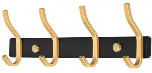 YUET Garderobenhaken mit 4 Haken, Garderobenleiste Edelstahl, Kleiderhaken Wand, Hakenleiste für Schlafzimmer Bad Küche Garderobe Wandgarderobe (Schwarz Gold)