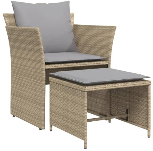 vidaXL Gartenstuhl mit Fußhocker, Gartensessel mit Kissen Stahlrahmen, Stuhl Sessel für Garten Terrasse, Gartenmöbel, Beige Poly Rattan