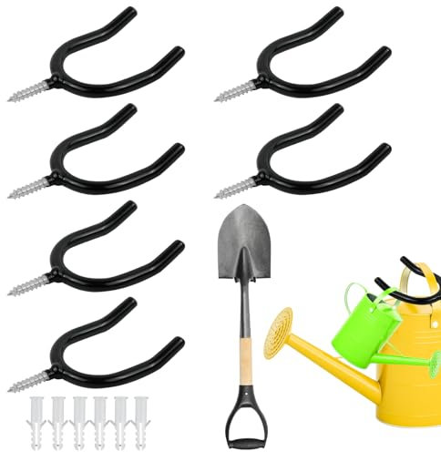 Porta Attrezzi da Parete, Portautensili per Giardino, Supporto da Parete per Attrezzi, Gancio per Attrezzi da Giardino per Scope, Pale, Rastrelli, Attrezzi da Giardino, Metallo, 6 Pezzi, Nero