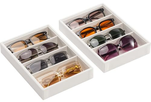 Lolalet Solglasögon organiseringsbricka, 4 rutnät sammet glasögon hållare brickor, solglasögon display låda förvaring för kvinnor män – 2-pack, beige