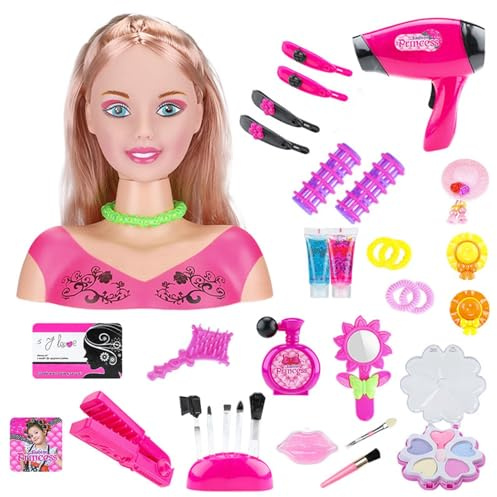 Kit De Beauté pour Coiffure Et Maquillage, Têtes De Maquillage pour Enfant, Kit De Maquillage pour Enfant, Tête De Maquillage Mannequin, Coiffeur Bruyant, Fer À Lisser, Jeu De Rôle