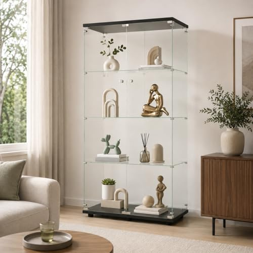 YLSZHY Vitrine aus Glas, 4-lagig, Doppeltür, Curio-Schrank, moderne Vitrine mit Tür und Schloss, bodenstehendes Bücherregal für Sammlerstücke, Bücher, Wein (Schwarz, 4 Ebenen)