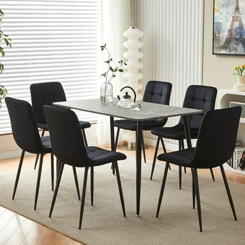 Modernes graues Esstisch-Set mit 6 rechteckigen Küchentischen in Betonoptik und Samtstühlen, ideal für Heimbüro oder Wohnzimmerdekoration (schwarzer Tisch mit 6 Stühlen)