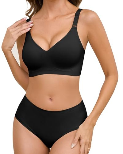Tuopuda Bras for Women No Wired Support Full Coverage Comfort Seamless Bra V Neck Bralettes Wireless Push Up Bras and Knickers Sets Soft Sleep Everyday Bras with Bra Extender, Black, XL