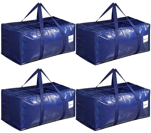 Dntorx 4 Pack Oversized Moving Bags, Heavy-Duty Moving Boxes or Packing Bags with Extra-large Zip Opening, Moving Supplies for College Halls Travelling Camping, Tough Handles, 90L/19.8Gallon, Blue