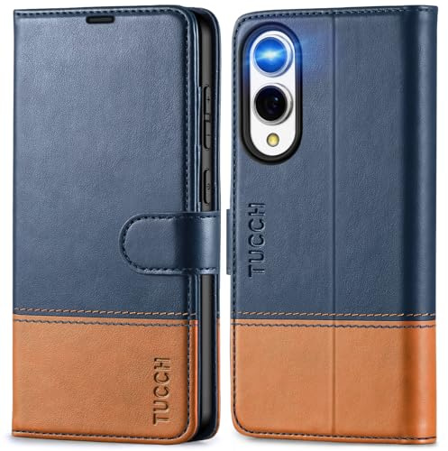 TUCCH Funda para Galaxy S25 Edge Cuero PU Bloqueo RFID, Azul & Marrón | Ranura para Tarjeta, Plegable, Carcasa TPU Antigolpes, Cierre Magnético, Compatible 5G 6,7, 2025