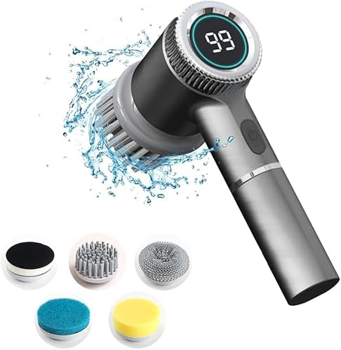 Electric Cleaning Brush, Electric Spin Scrubber with 5 Brush Heads, 3 Speeds bathroom scrubber with LED Display, 90 Min Runtime, IPX7 Waterproof for Bathroom, Kitchen, Car & Tile Cleaning