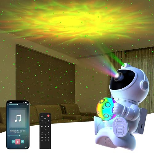 ALEENFOON Astronauta Proyector Galaxy y Control Remoto,Luz de Noche con Altavoces Inalámbricos, Proyector Estrellas Techo de Nebulosa Ajustable de 360° para Decorar la Habitación (Luna)