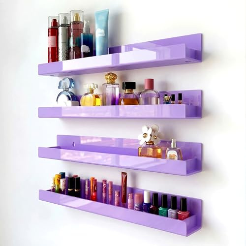 RORKIM 4 Pack 15 Inch Purple Acrylic Shelves, Kids Floating Bookshelf for Kids Room, Modern Nail Polish Rack Sunglasses Essential Oil Picture Ledge Display Toy Storage Wall Shelf