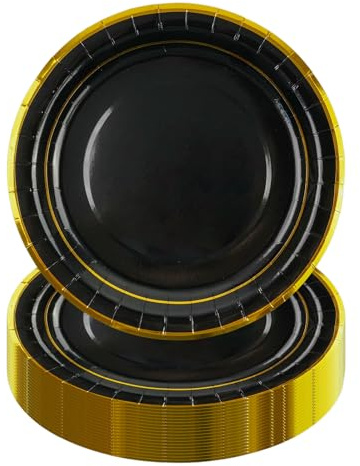HiEnjoin 50 Stück Schwarz Partyteller,23cm Goldfolie Einwegteller Pappteller für Geburtstag Einweg Dessertteller oder Jubiläen, Geburtstage, Hochzeitsfeiern