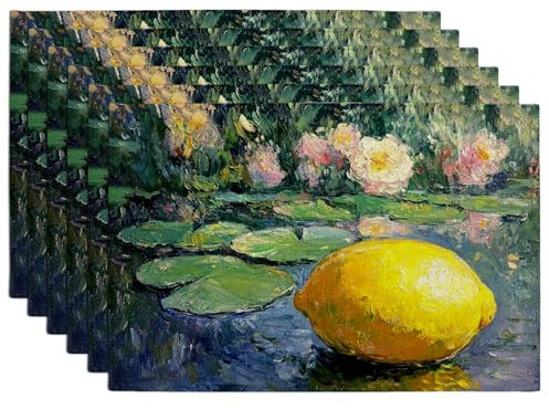 Juego de 6 manteles individuales de verano con diseño de lirio amarillo impresionista para mesa de comedor, antideslizante, lavable para interior y exterior