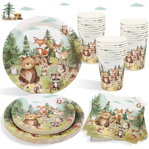 100pcs Vaisselle Animaux de la forêt Décoration Assiettes Serviettes Gobelets pour 25 Invités