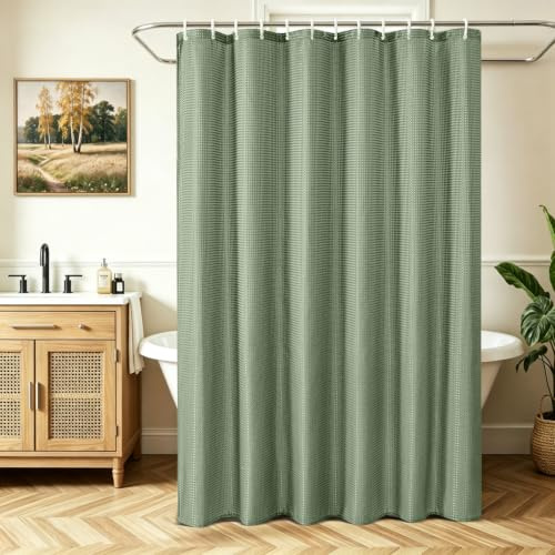 Lerores Duschvorhang 120x200 cm Waffel Grün, Beschwerter Saum Antischimmel Textil, Wasserabweisend, Waschbar Polyester Stoff Badevorhänge für Badezimmer, Badewanne mit 8 Duschvorhangringe