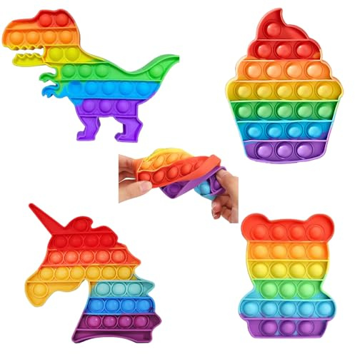 Pop It Fidget Toy Set Rainbow Push Pop Bubble, 4 pièces – Dinosaure 13 x 18 cm, Cupcake 14,5 x 11 cm, Ours 12,5 x 9,5 cm, Licorne 15,5 x 13,2 cm