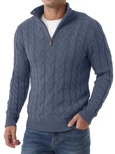QIXING Men's Jumpers Cable Knit Mock Neck 1/4 Zip Sweater for Men Winter Pullover