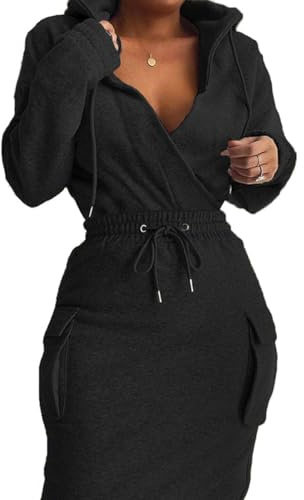 BIRW Size 2XL Solid Black Hoodie Dress for Women 2026 Slim Casual Long Sleeve High Waist Drawstring Pullover Bodycon Sweatshirt Dresses with Pockets