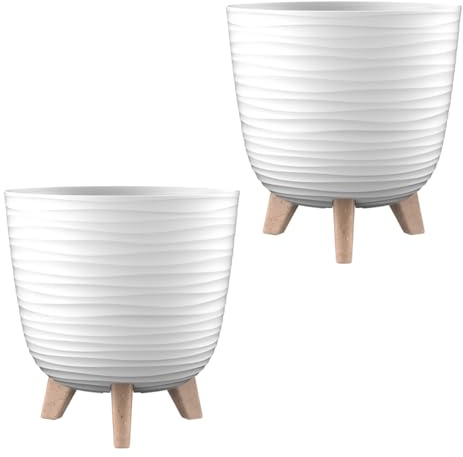 Engelland - 2 x Blumentopf mit Füßen & Bewässerungssystem, Weiß, Ø 28 cm, Pflanzkübel, Übertopf, Wellenmuster, Innen- & Außenbereich, Drainagesystem & Wasserspeicher, rund, Kunststoff