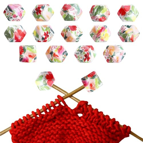 DOPENSPI 14 Stück Maschenstopper für Stricknadeln, Nadelspitzenschutz Schutzkappe mit Rosa Blumenmuster Stricknadelstopper, Stricknadel Strickzubehör passend für Nadeln der Größen (3–9 mm)