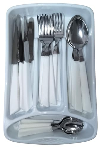 Servizio di Posate 24 Pezzi completo per 6 persone Manici Colorati Ergonomici Made in Italy Acciaio Inossidabile Lavabili in Lavastoviglie omaggio il Porta Posate da Cassetto (Bianco)