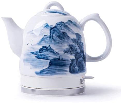 RAABYU Bollitore Elettrico in Ceramica, Porcellana Bianca Blu, Stile Vintage, 1,2 l, ebollizione Rapida, spegnimento Automatico, Maniglia antiscottatura