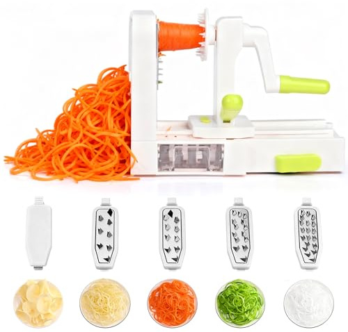 Spiralschneider Hand für Gemüsespaghetti,Spiralschneider Gemüse mit Behälter, Gemüseschneider Würfelschneider mit 5 Austauschbare Klingen Gemüsehobel für Karotte,Gurke
