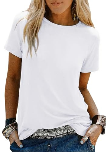 Demegimi T-Shirt Femme Été Manches Courtes Col Rond Basique Loose Casual