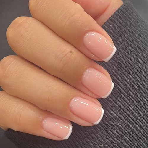 Aribliseza Ongles à Presser, 24 Pièces, Pointe Française Extra Courte Faux Ongles Squoval, Kit d'Ongles Réutilisable avec Colle et Mini Lime à Ongles, 12 Tailles, Ongles à Presser Blancs