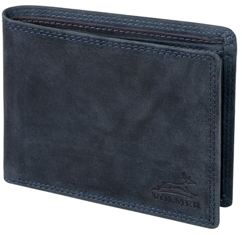 Fa.Volmer Cartera de piel para hombre con protección RFID, doble costura extraestable, 6 compartimentos para tarjetas de crédito, formato horizontal, Hunter Navy, billetera delgada, Clásico