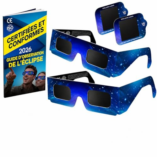 Lunettes Eclipse Solaire 2026 – Lot de 2 Paires Premium avec 2 Filtres Solaires pour Smartphone, Lunettes Eclipse Solaire ISO 12312-2, Certifiées CE, Protection des Yeux pour l'Observation du Soleil
