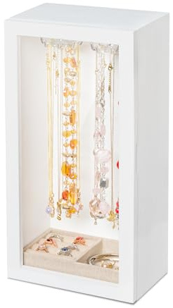 amoard Porte colliers, présentoir bijoux en bois pour femmes, boîte de rangement rotative avec plateau à bagues, présentoir et rangement pour colliers, bracelets, bagues（Blanc）