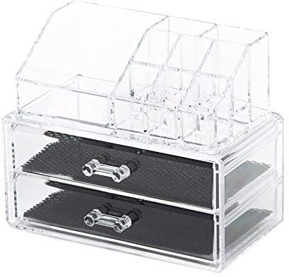 Compactor Cofanetto Porta Trucchi e Gioielli, con 2 cassetti, Trasparente, Polistirene e Tessuto, 18,8 x 11,7 x H. 15,8cm, RAN5048
