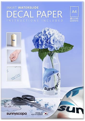 Sunnyscopa Wasserschiebefolie für Tintenstrahldrucker - Transparent, A4, 100 Blätter - Personalisierte Transferfolie - Bedruckbares DIY Aufklebepapier