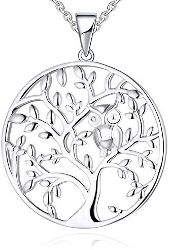JO WISDOM Damen Kette Baum des Leben Eule Silber 925 Halskette Anhänger mit Weißgold plattiert,Schmuck für Frauen