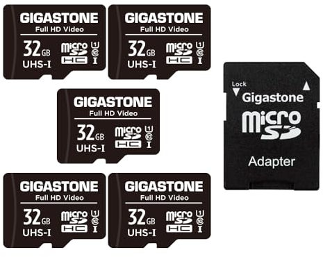 GIGASTONE 32GB MicroSDHC Speicherkarte 5er-Pack + SD Adapter, für Action-Kamera, GoPro, Drohne und Tablet, Lesegeschwindigkeit bis zu 90MB/s, Full HD-Videoaufnahme, Micro SD Karte UHS-I Klasse 10 U1